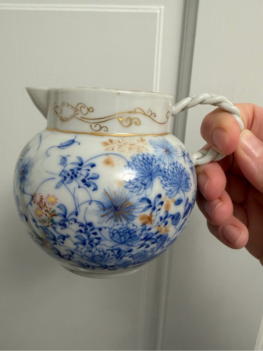 Blue and Gold Floral Japanese Porcelain Creamer with unique braided handle